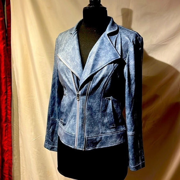 Medium blue double breasted zipper leather jacket snakeskin pattern nwt dressy - Picture 1 of 15